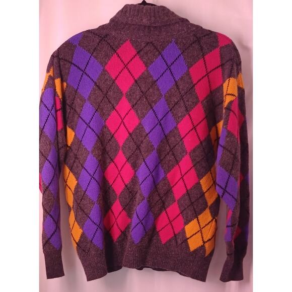 VTG Jeanne Pierre Argyle Turtleneck Sweater Size M Gray Fuschia Lambswool Angora - Picture 4 of 6
